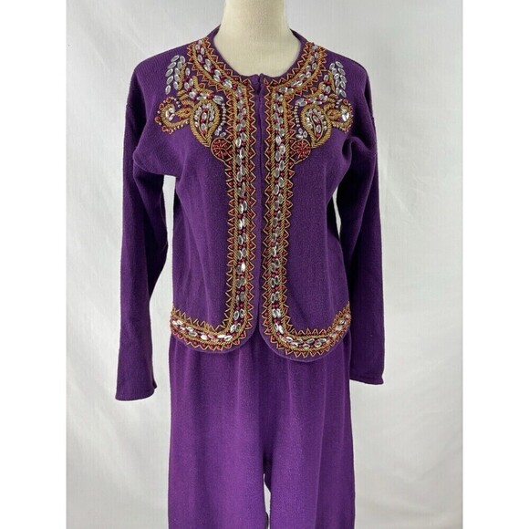 Vintage Cervelle Matching Set Sweater Pants Beaded Cardigan Purple Small - Picture 2 of 16